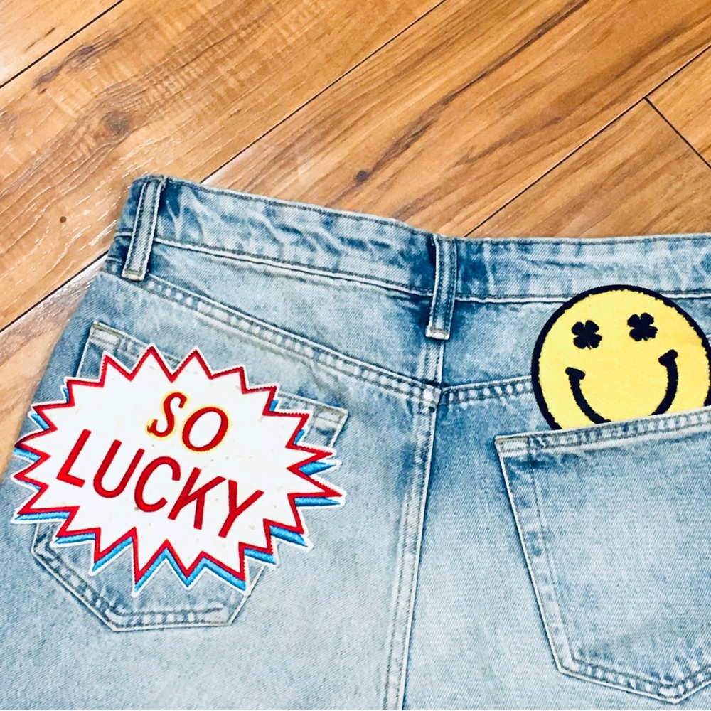 Lucky Brand patches patchwork blue denim shorts frayed smiley face high …
